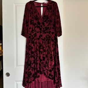 Calvin Klein Burgundy Velvet Floral High-Low Dress